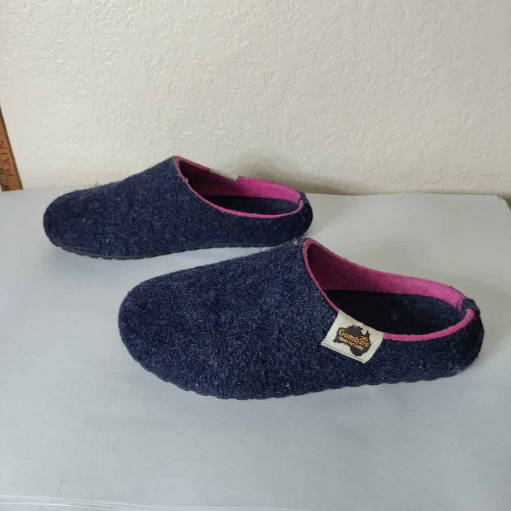 Gumbies Brumby Navy Pink Felt Wool Blend Slip On Slippers Womens 7.5
